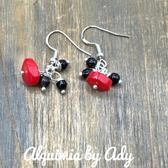 Red coral Black  earrings - Picture 1 of 5